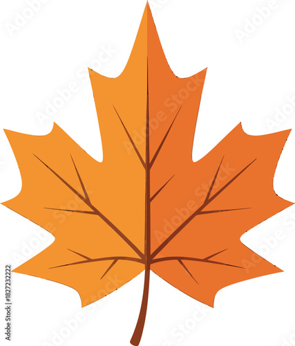 A stylized illustration of a single maple leaf in a vibrant orange hue, showcasing its distinct lobed shape and prominent veins.