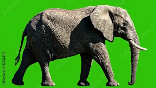 African elephant walking side view isolated for easy compositing. green screen.