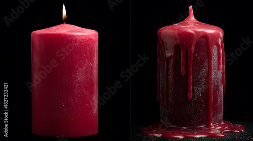 A diptych concept: two identical candles, one bright and new, the other burned out and drippy, side-by-side.
