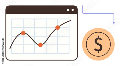 Graph with upward trend line and data points inside a browser window, next to a dollar sign circle. Ideal for finance, analytics, business growth, investment, financial planning, economy, minimalism