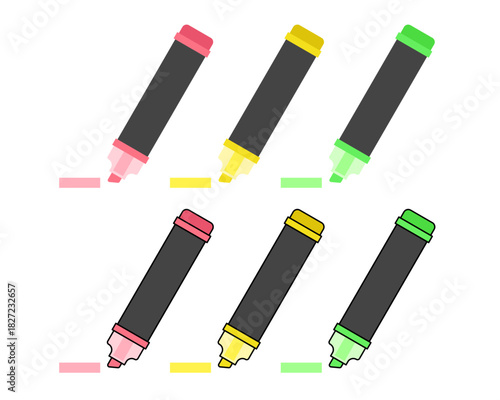 カラフルな蛍光ペン・マーカーペンのアイコンセット 勉強や強調に使える！文房具のベクターイラスト
Set of Colorful Highlighter and Marker Pens Icons