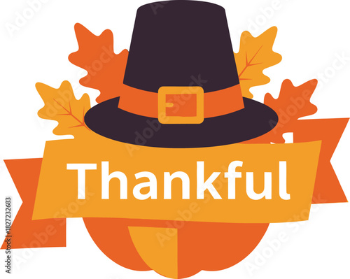 Thanksgiving themed graphic with a pilgrim hat, pumpkin, fall leaves, and a banner that says "Thankful".