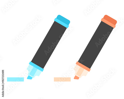 青とオレンジの蛍光ペン・マーカーペンのアイコンセット   シンプルで可愛い！下線に使える文房具のベクターイラスト Set of Blue and Orange Highlighter Pen Icons with Lines