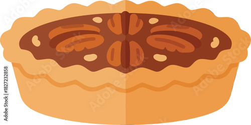 Illustration of a classic whole pecan pie with a flaky, golden-brown crust, isolated on a white background.