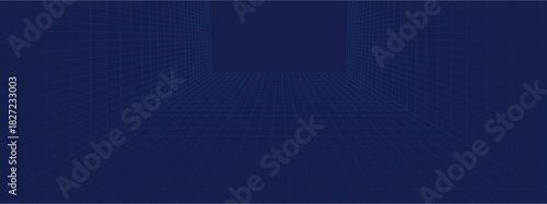 Futuristic perspective grid box. Virtual reality landscape in 80s 90s digital style. Isolated on blue background.