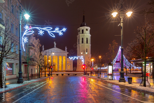 Night view of Vilnius Cathedral and Bell Tower during Christmas in Vilnius, Lithuania