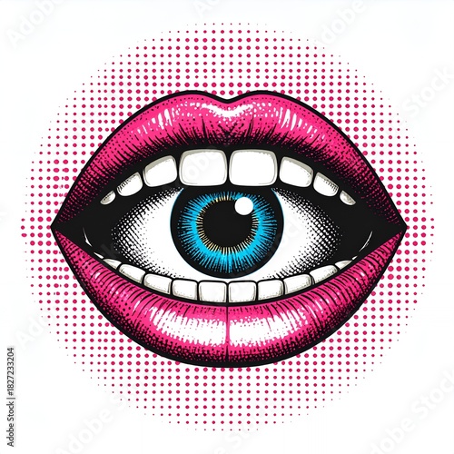 Pop Art Surrealism - Eye in Mouth with Halftone Background.