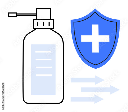 Pump-style hand sanitizer bottle next to a blue shield with a cross icon and directional arrows. Ideal for health, hygiene, safety, cleanliness, virus protection, healthcare, simple flat metaphor