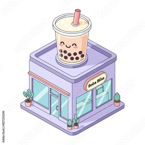 Cute boba tea shop with smiling drink on top of the building.