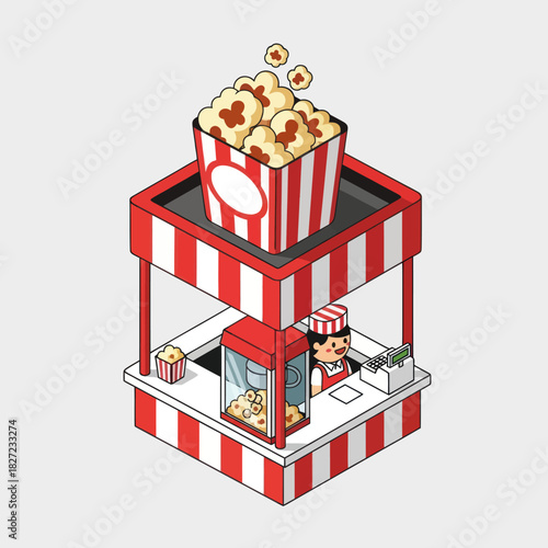 Isometric Popcorn Stand with Vendor and Large Popcorn Box.