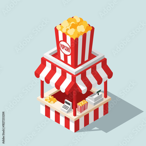Isometric view of a popcorn stand with red and white stripes.