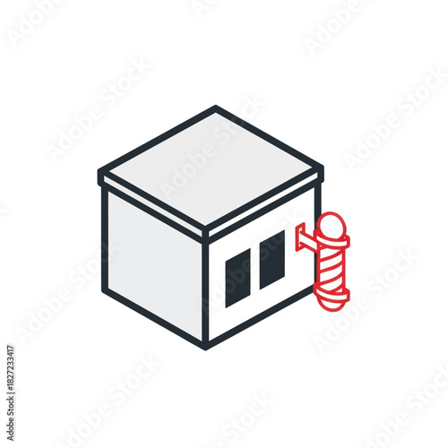 Isometric Barbershop Building Icon with Barber Pole Sign.