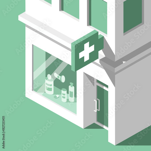 Pharmacy building with green cross sign and glass window display.