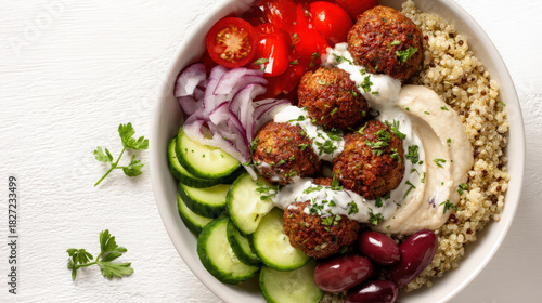 colourful mediterranean falafel bowl with fresh vegetables