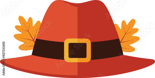 A flat design illustration of a pilgrim hat adorned with autumn leaves and a buckle.