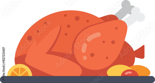 A delicious roasted turkey or chicken, perfectly cooked and garnished, ready for a festive meal or holiday dinner.