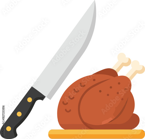 A close-up illustration of a roasted chicken with a carving knife, ready for serving.