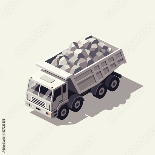 Isometric illustration of a heavy-duty dump truck, fully loaded with rocks, ready for transport on a construction site, vector.
