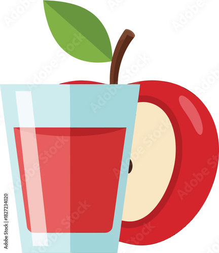 Illustration of a glass of red apple juice next to a sliced red apple.