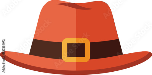 A flat design illustration of a traditional orange pilgrim hat with a dark brown band and a prominent gold buckle, often associated with Thanksgiving.