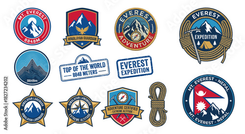 A collection of twelve vintage-style logos and badges for Mount Everest expeditions and adventures Vector.