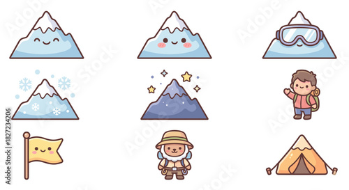 A cute collection of mount everest vector cartoon icons featuring mountains, hikers, a tent, and other adventure elements.