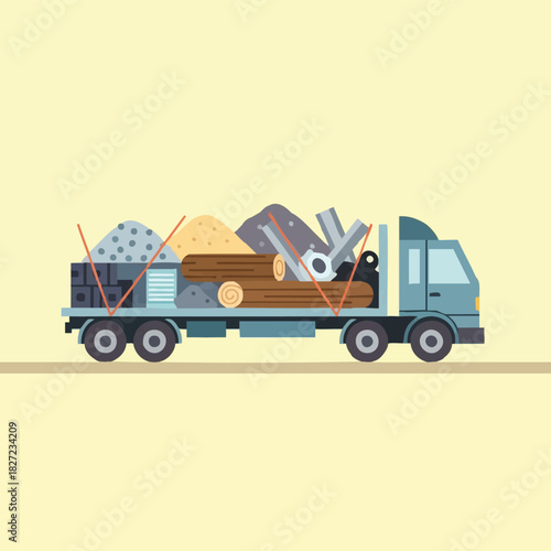 A flat illustration of a truck carrying various construction materials, including sand, wood, and metal, ready for delivery.