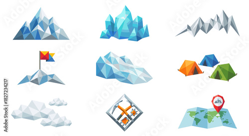 A collection of mount everest vector low-poly style icons representing mountain climbing, camping, and exploration themes.