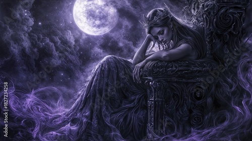 A pensive queen sits on her throne beneath a full moon in a fantasy scene