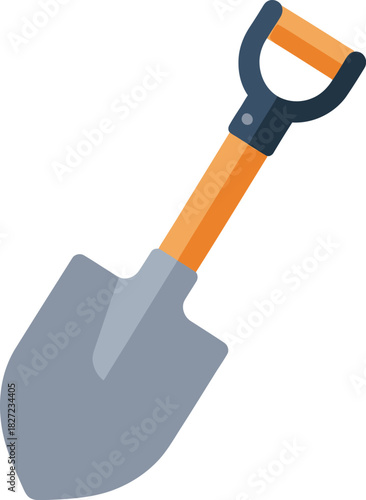 A simple, stylized illustration of a garden shovel with a wooden handle and a gray metal scoop.