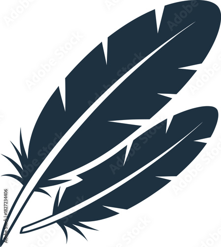 Two stylized dark feathers, one larger and one smaller, overlapping on a white background, representing lightness and flight.