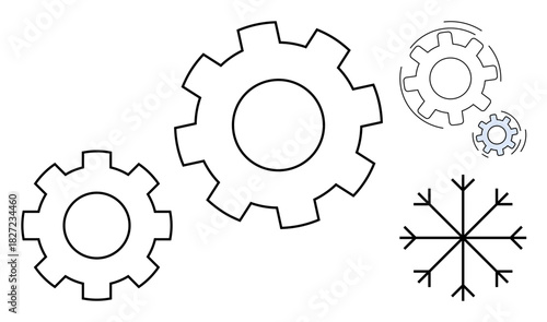 Interlocking gears beside a stylized snowflake, representing synergy, efficiency, and harmony. Ideal for teamwork, processes, engineering, sustainability balance innovation and workflow. A simple