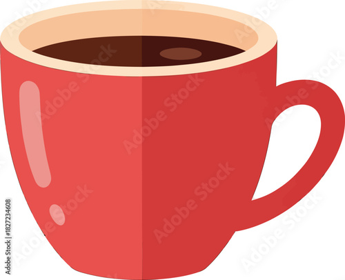 A vibrant red coffee mug, filled with dark liquid, with a curved handle, ready to be enjoyed.