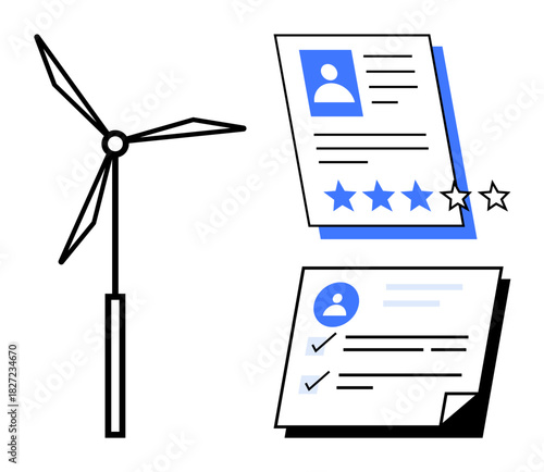 Wind turbine next to professional profile documents with star ratings and checkmarks. Ideal for recruitment, performance assessment, green energy, HR processes, sustainability, career growth