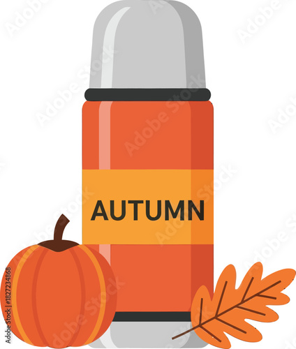 An illustration of a thermos with the word autumn, a pumpkin, and a leaf.