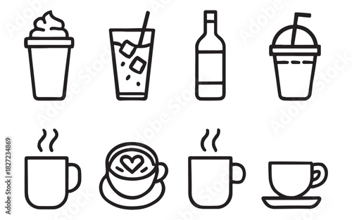 Various beverage icons including coffee, tea, and cold drinks