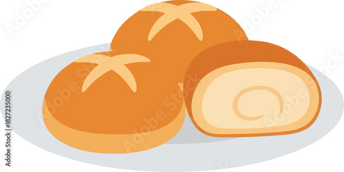 Three golden brown bread rolls on a white plate, one cut open to show a swirled interior, perfect for breakfast or a sweet snack.