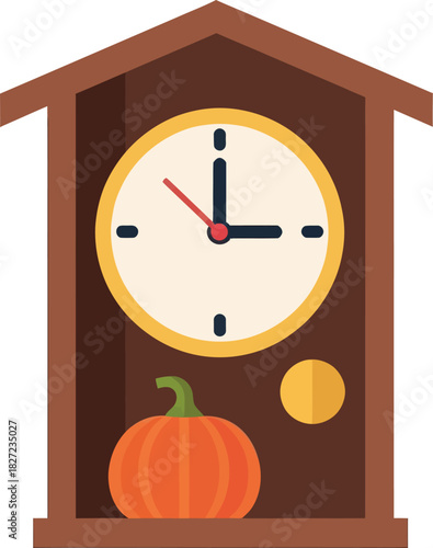A detailed illustration of a wooden cuckoo clock with a pumpkin and a pendulum.