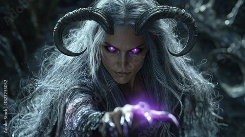 Mystical woman with horns and glowing eyes casts a spell in a fantasy setting