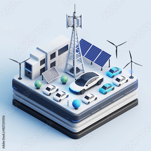 Isometric 5G cell tower with solar panels, wind turbines, and electric vehicles on smart city platform