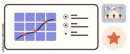 Line graph with data points, checklist, performance metrics chart, and star rating. Ideal for analytics, business growth, performance tracking, user feedback, statistics evaluation simple flat
