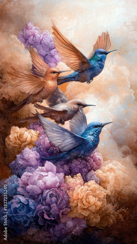Naklejka premium A group of hummingbirds in flight above a cluster of colorful flowers, rendered in a soft, painterly style with a dreamy atmosphere.