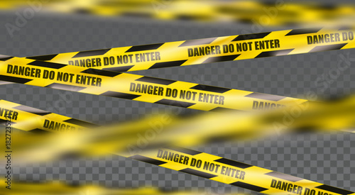 Vector illustration. Caution and danger yellow protection and warning ribbon on transparent background.