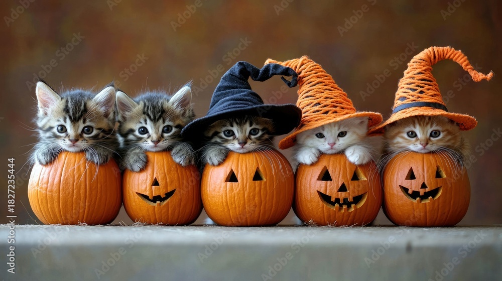 Naklejka premium Five adorable kittens sitting inside carved pumpkins, wearing witch hats and Halloween hats, perfect for the spooky holiday.
