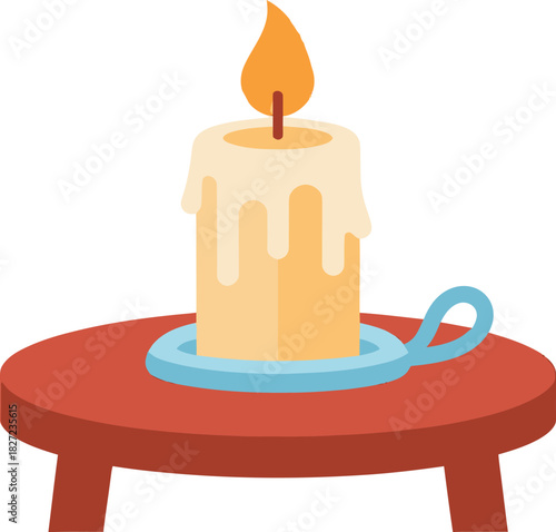 A lit candle sits on a small, round table, with wax dripping down its sides.