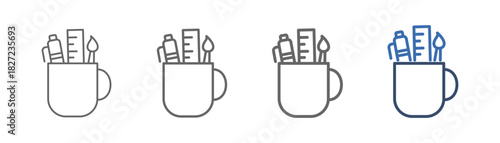 
Outline icon set stationery with cup, pen, pencil and ruler design