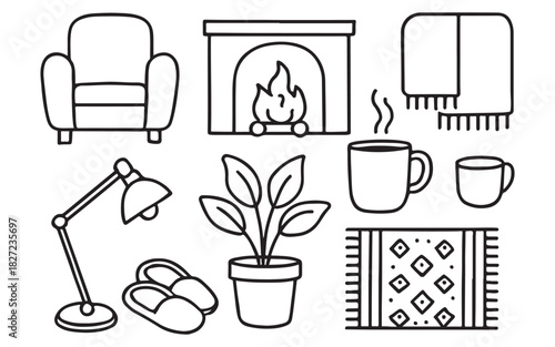 Cozy home interior items line art collection