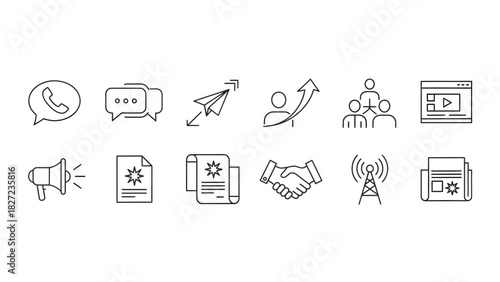Set of vector line icons representing various business and communication concepts, including social media, strategy, and teamwork