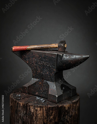 Anvil and Hammer on a Wooden Stump.