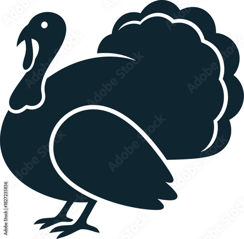 A dark blue silhouette icon of a turkey with its tail feathers fanned out.
